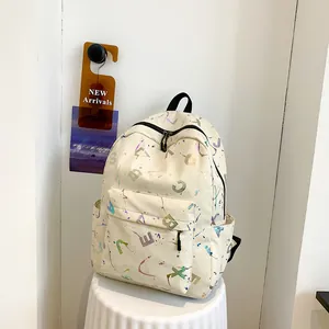 Minimalist cream canvas backpack with artistic print and large capacity for travel