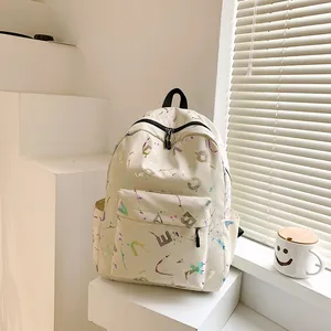 Minimalist beige backpack with colorful graffiti prints and multiple storage pockets