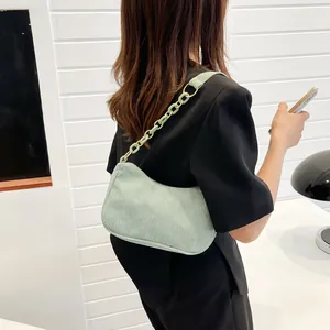 Light green corduroy hobo shoulder bag for women with decorative chain strap