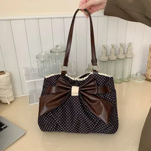 Women Polka Dot Tote Bag Canvas Large Capacity Shoulder Bag With Large Bow Lace Trim Vintage Korean Academy Handbag