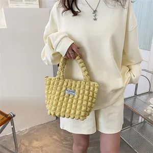 Chic yellow bubble textured tote bag with pleated fabric and top handles for women