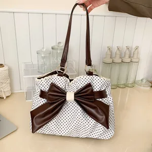 Polka dot tote bag with large brown bow and lace detail, vintage retro shoulder handbag