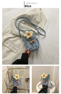 Detail of blue floral mini crossbody bag featuring a 3D yellow flower and woven charms