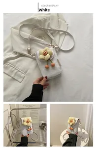 Detail of white textured fabric cross-body bag with 3D floral and cherry charms
