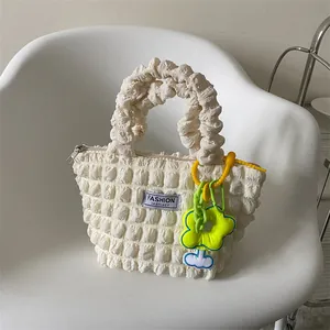 Women Bubble Pleated Nylon Tote Handbag Casual Solid Color Shoulder Bag With Flower Pendant Zipper Closure Fashion Daily Purse