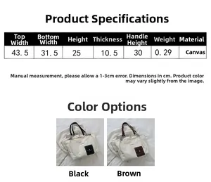 Size chart detail for the canvas tote bag showing dimensions and material specifications