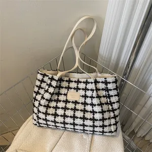 Sac Fourre-tout en Tweed à Carreaux de Grande Capacité Pour Femmes Chic Mode Motif Grille Sac à Bandoulière Décontracté Sac à Main Femme