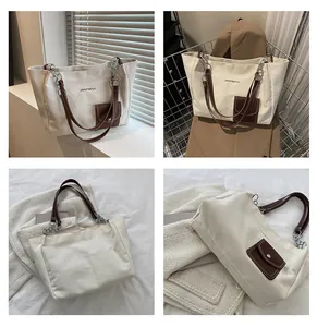Collage of a canvas tote bag with brown leather straps and silver chain details