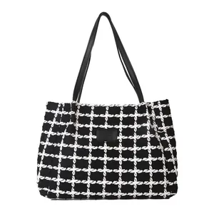 Grand sac cabas à carreaux noir et blanc avec poignées en cuir et grande capacité