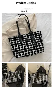 Détails du grand sac cabas en tweed à carreaux noir et blanc avec poignées en cuir chic