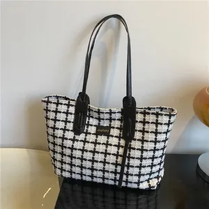 Sac Cabas à Carreaux Grande Capacité pour Femmes Sac à Épaule en Tweed Vintage Sac à Main Décontracté pour le Travail