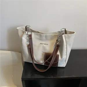 Chic Canvas Tote Bag For Women Large Capacity Minimalist Shoulder Bag With Metal Chain Strap Letter Pattern Patchwork Handbag