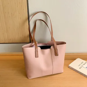 Sac Fourre-tout Femme Grande Capacité en Cuir PU Mode Minimaliste Coutures Contrastées Sac à Épaule Main Décontracté Quotidien