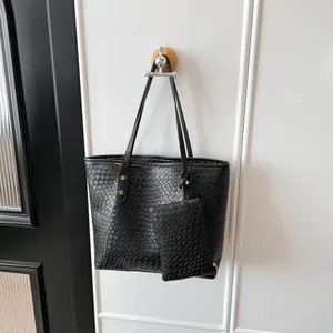Women Weaving Texture Large Capacity Tote Bag Set With Matching Pouch PU Leather Casual Shoulder Bag For Daily Work Office