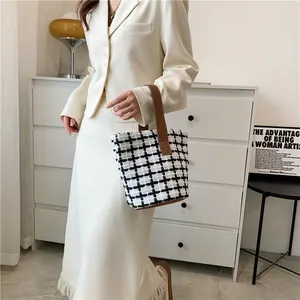Chic black and white tweed tote bag with leather straps for women's daily fashion style