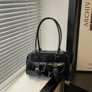 Damen Retro Glänzend PU Schultertasche Große Kapazität Handtasche Boston Tasche Doppeltaschen Perlen-Charm Lässig Tasche