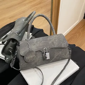 Retro grey washed denim small square bag with silver lock and shoulder strap