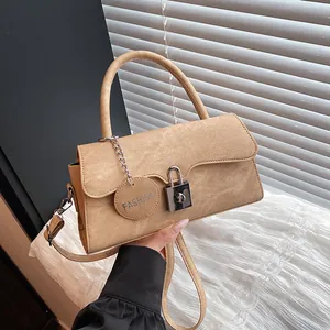 Chic camel faux suede small square bag with silver lock and detachable strap
