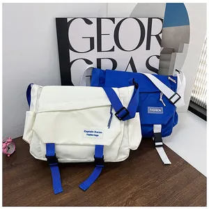 Detail of minimalist messenger bags showing plastic buckles and side storage pockets
