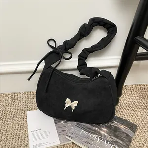 Women Fashion Butterfly Underarm Bag Suede Texture Ruched Shoulder Strap Crossbody Bag Sweet Cool Retro Hobo Bag With Bow