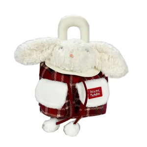 Sac à dos lapin en peluche mignon avec tissu à carreaux rouges et oreilles 3D