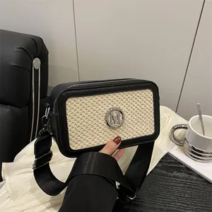 Women's Fashion Woven Splicing Crossbody Bag With Wide Adjustable Strap Metal Letter M Decor Casual Camera Shoulder Bag