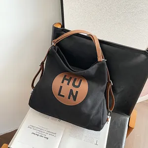 Women Casual Large Capacity Canvas Tote Bag PU Leather Handle Minimalist Letter Print Shoulder Crossbody Bag Daily Handbag
