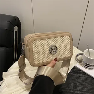 Chic 2025 winter beige woven crossbody bag with metal M logo and wide shoulder strap