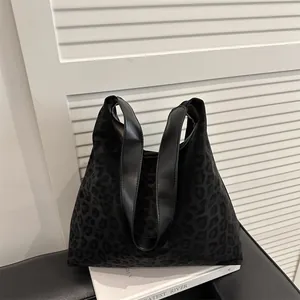 Women's Vintage Leopard Print Large Capacity Tote Bag Suede Texture Casual Shoulder Bag With PU Leather Handle For Daily