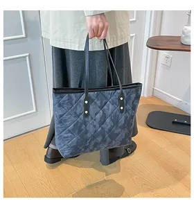 Détail du sac cabas matelassé camouflage bleu avec poignée cuir et rivets dorés