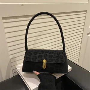 Vintage Leopard Print Suede Texture Underarm Bag For Women Minimalist Fashion Small Shoulder Bag With Elegant Gold Buckle