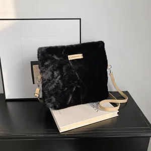 Women Fashion Plush Faux Fur Crossbody Bag Autumn Winter Fluffy Shoulder Handbag With PU Strap Solid Color Soft Tote Purse