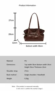 Detailed size specifications for deep brown PU leather shoulder bag with buckle detail