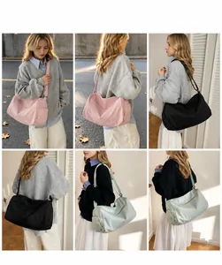 Detailed views of multi-color nylon travel bags showing shoulder and hand carry styles