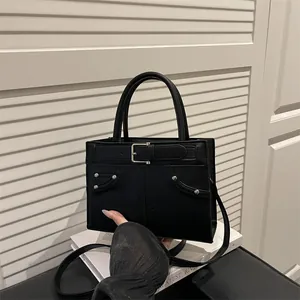 Women Vintage PU Leather Shoulder Bag With Rivets Belt Buckle Large Capacity Crossbody Tote Handbag For Office Commute