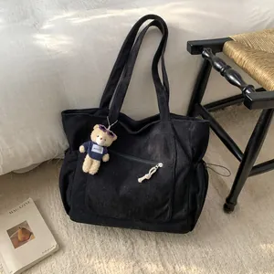 Women Corduroy Tote Bag Large Capacity Casual Shoulder Bag With Bear Pendant Simple Solid Color Handbag Retro Style