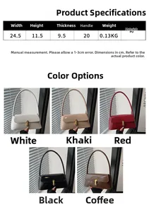 Detailed view of french baguette bag dimensions and color options in high-quality PU leather