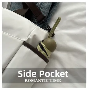 Détail de la poche latérale d'un sac cabas avec un parapluie capsule vert olive dedans