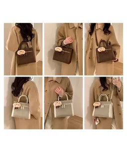 Collage of suede tote bags in coffee and grey with fuzzy sheep charms on a model