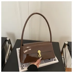Detail of glossy brown patent leather bag with gold buckle on a textured background