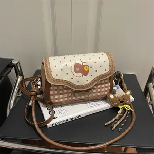 Kawaii Apple Pattern Small Square Crossbody Bag For Women Japanese Sweet PU Leather Shoulder Bag With Bear Pendant Bow Decor