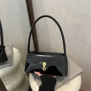 French Style Patent Leather Baguette Bag For Women Retro Metallic Lock Underarm Shoulder Bag Fashion Minimalist Square Handbag