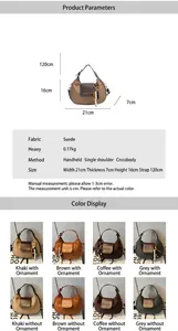 Dimensions détaillées et quatre variantes de couleur du sac à bandoulière en daim
