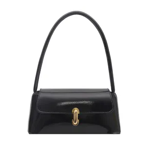 Classic black patent leather baguette bag with a stylish gold buckle for women