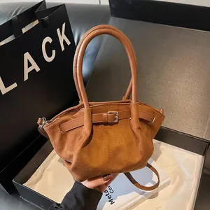 Women Vintage Suede Tote Bag Minimalist Handheld Shoulder Crossbody Bag With Belt Buckle Winter Fashion Satchel Handbag