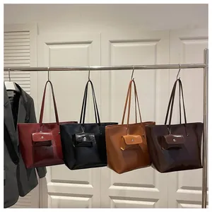 Polished faux leather tote bag set in burgundy, black, camel, and dark brown colors