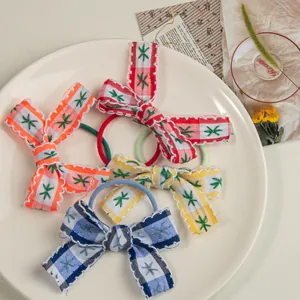Nœud pour Cheveux Gingham Doux Brodé Floral Treillis Anneau de Cheveux pour Filles Femmes Rétro Pastoral Broderie d'Étoile Accessoires Cheveux