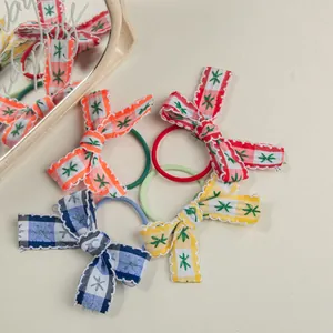 Lot de 4 élastiques à cheveux à carreaux avec broderie en orange, rouge, bleu et jaune