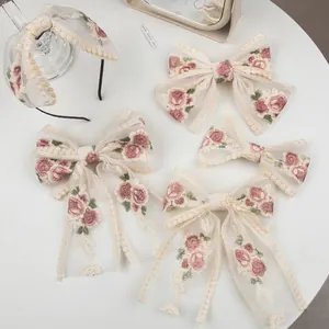 Fresh Embroidered Floral Mesh Bow Hair Clip Elegant Lace Ribbon Spring Clip Sweet Headband For Women Hair Accessories