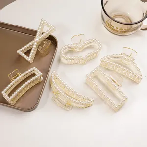 Lot de 5 pinces à cheveux élégantes en résine champagne avec perles blanches